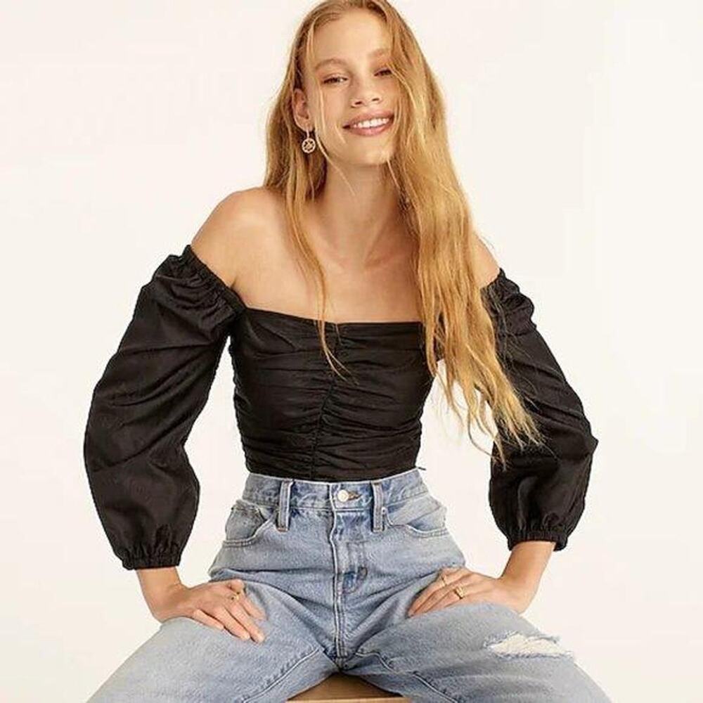 J Crew Top Ruched Puff Sleeve Crop Blouse Womens 12 Minimalist Party Night‎ Out
